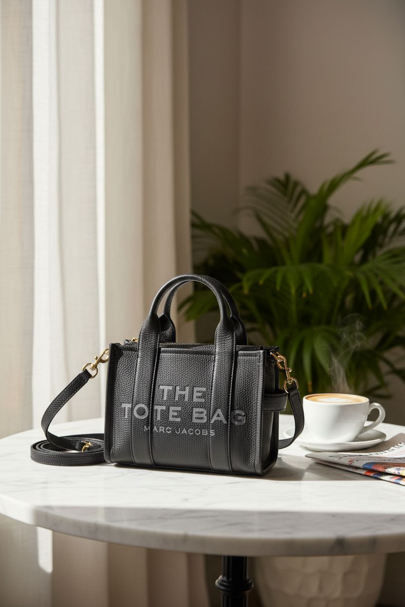 Marc Jacobs leather tote bag resting elegantly on a marble table beside a cappuccino in a café.