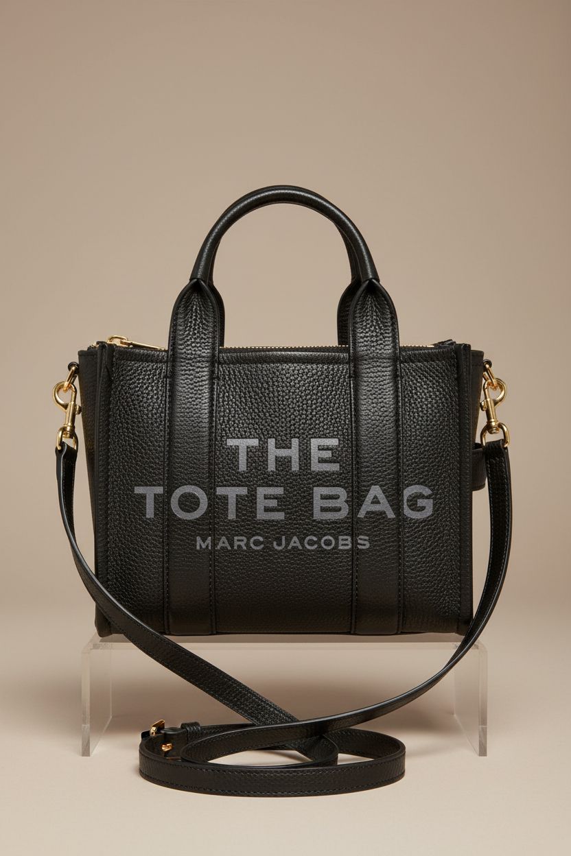 Marc Jacobs Leather Small Tote Bag displayed against a warm-grey background, showcasing its luxury design.