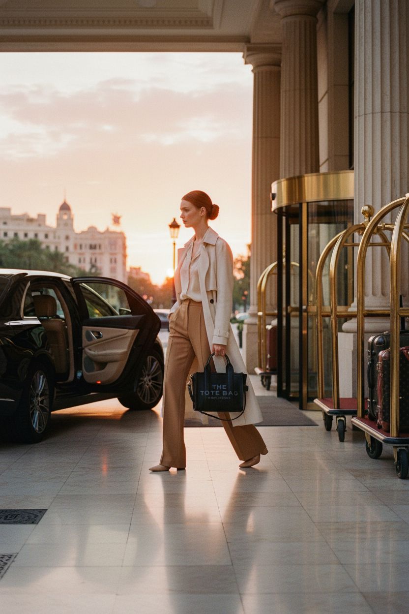 Marc Jacobs black leather tote bag swinging by the handles at a luxury hotel entrance.