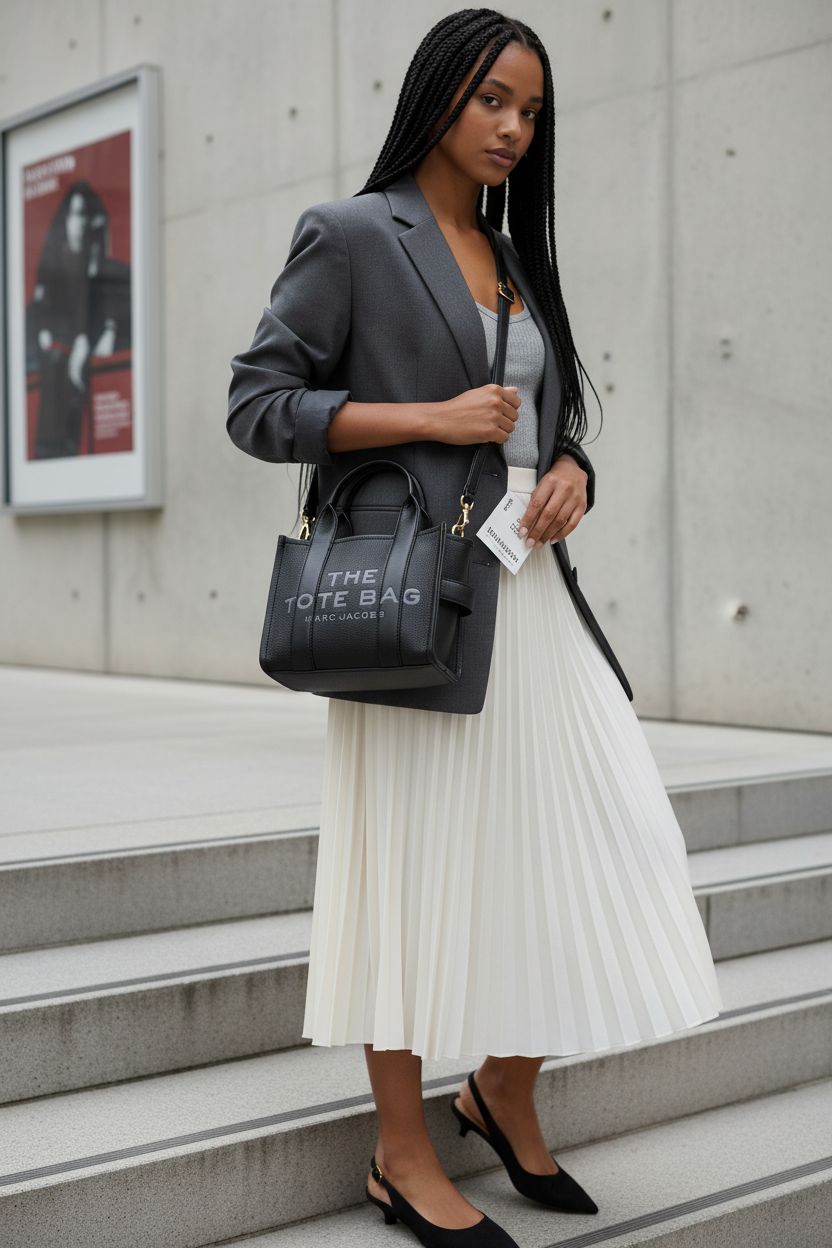Black Marc Jacobs tote bag worn crossbody, highlighting its sleek design outside a contemporary gallery.