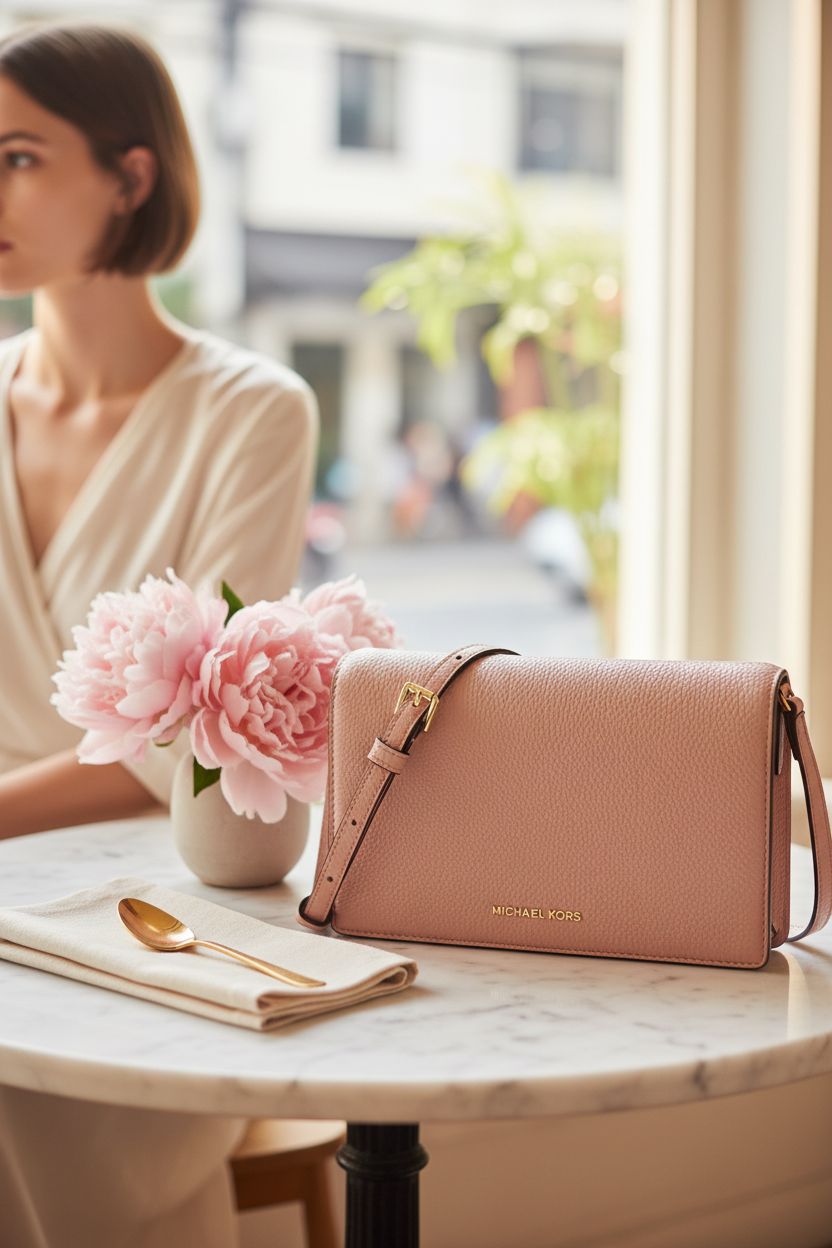 Michael Kors crossbody bag on a marble table with peonies in a sunlit cafe