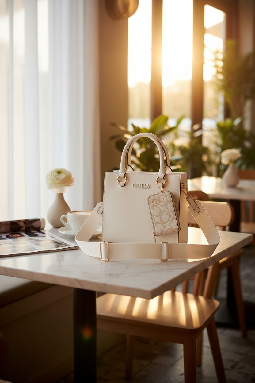 GUESS Zinnia Small Satchel elegantly placed, enhancing a cozy café setting.