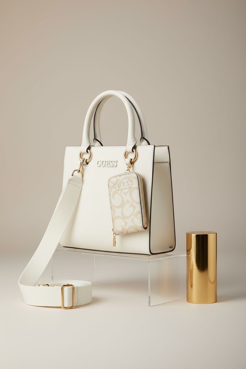 GUESS Zinnia Small Satchel showcasing saffiano texture and gold accents in studio.