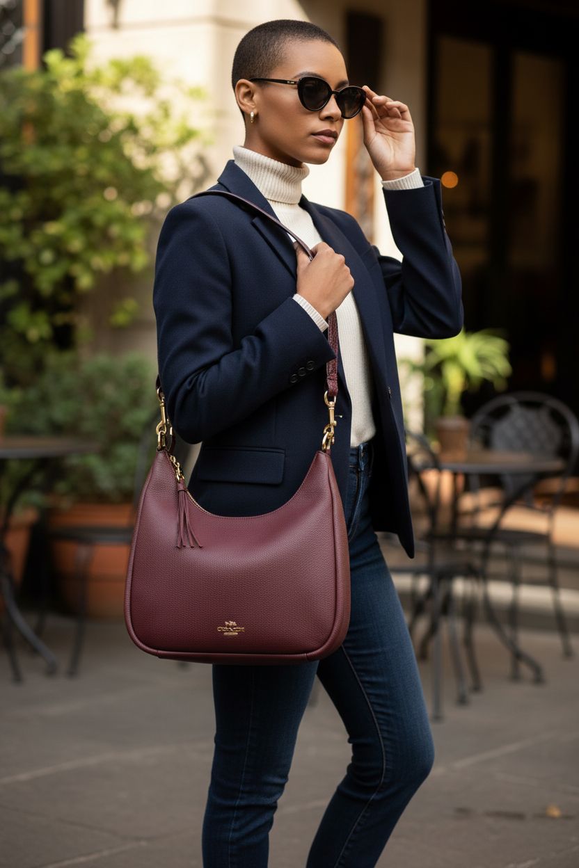 COACH Jules Hobo in Wine Multi showcased at a sidewalk café with stylish accessories.