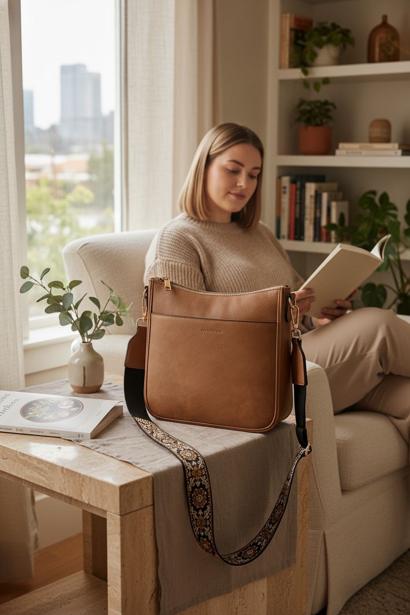 BOSTANTEN vegan leather bag in a minimalist reading nook, emphasizing its elegant design and quality craftsmanship.