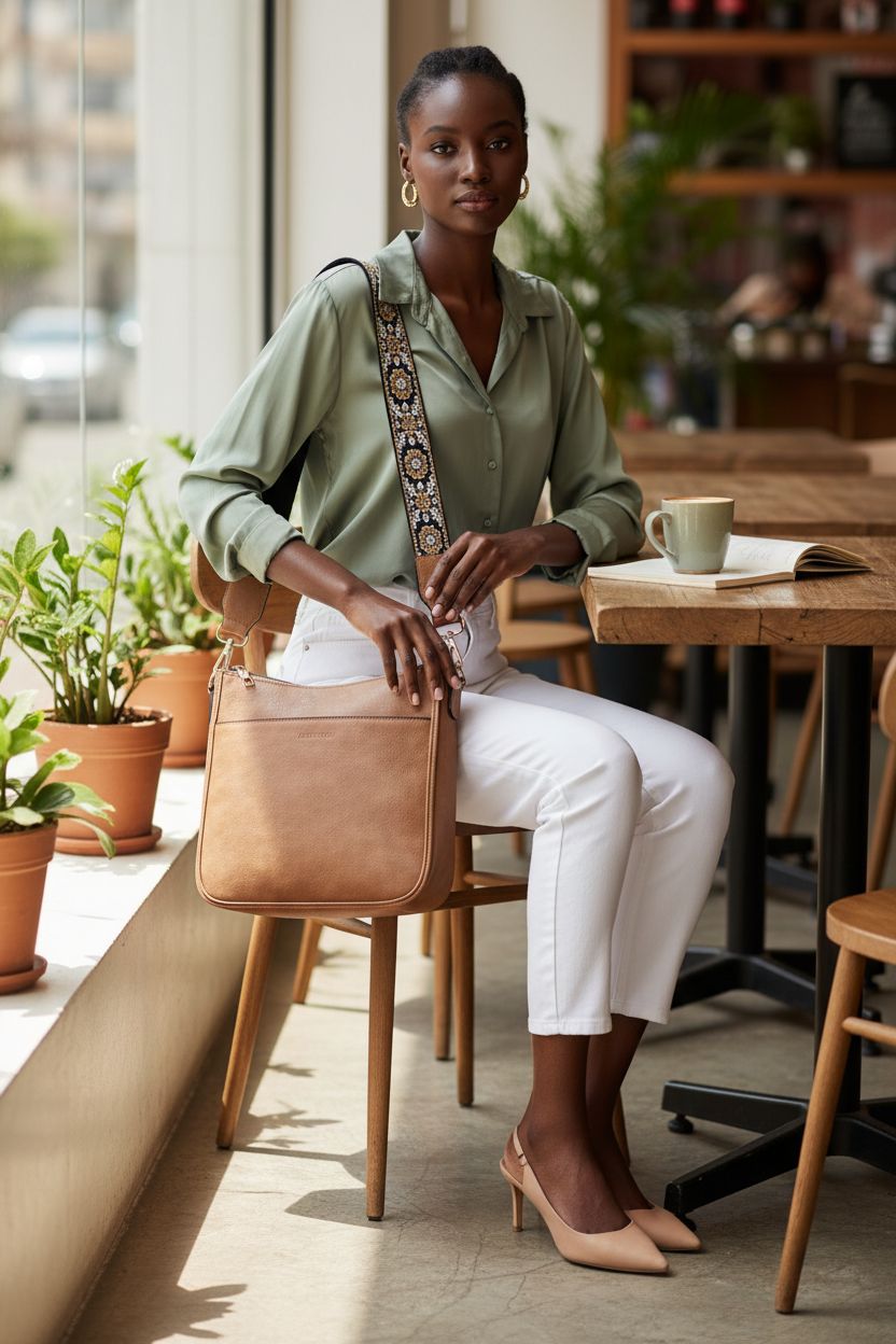 BOSTANTEN trendy vegan leather crossbody bag on a cafe terrace, showcasing its stylish design and magnetic pocket.