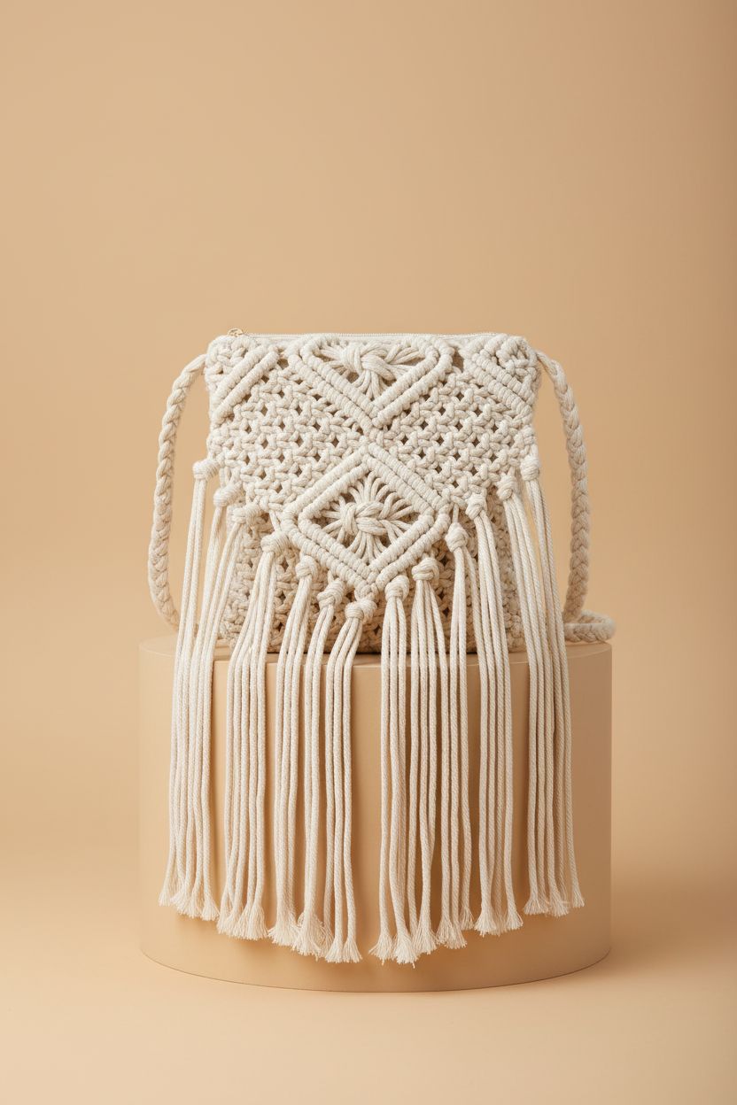 Lobagve macrame purse on a warm sand backdrop, showcasing intricate knots and details.