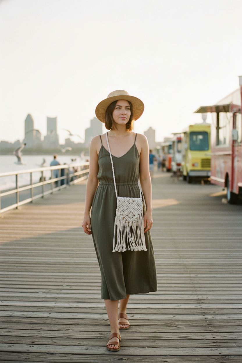 Lobagve white macrame purse with fringe on a seaside boardwalk, ideal for casual outings.