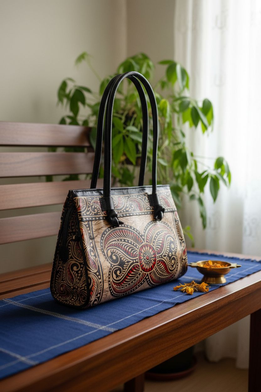 Crafts of India batik leather bag resting on a teak bench with marigold petals and a diya