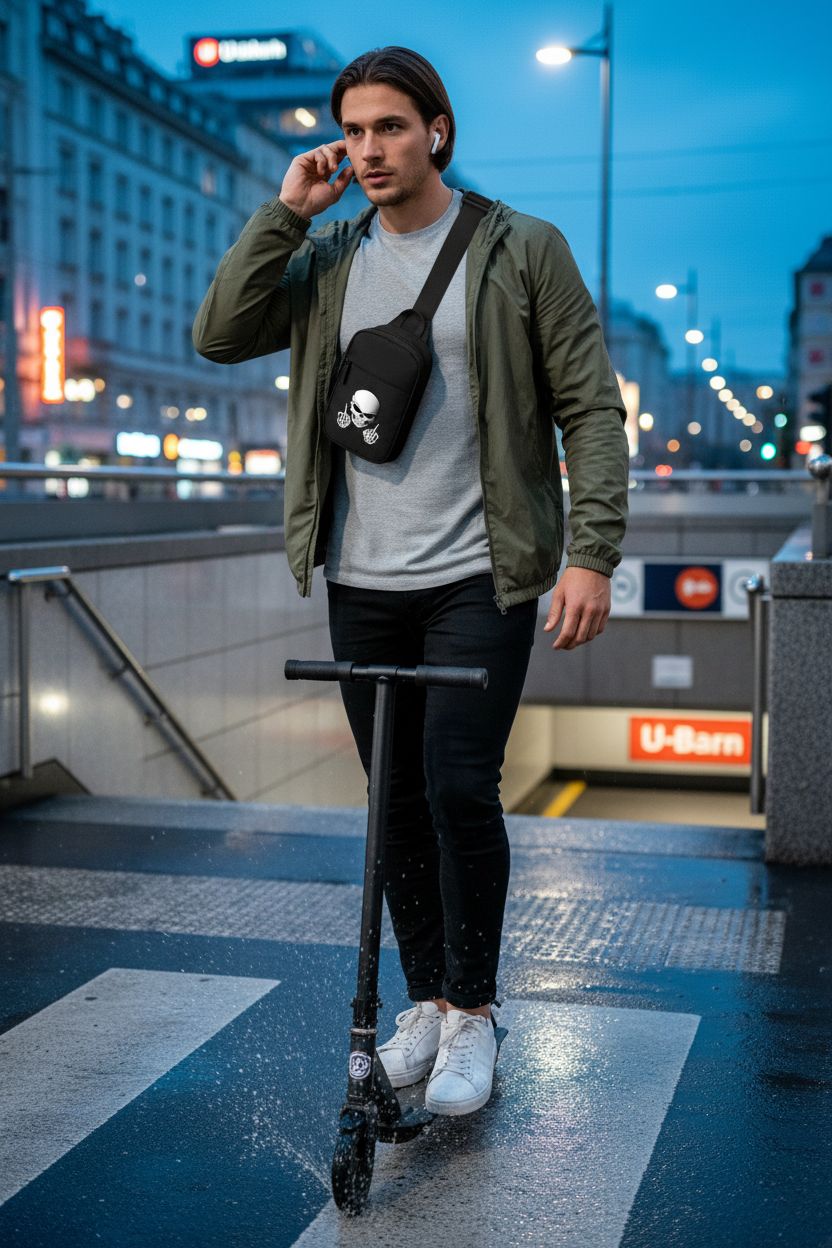 FOECBIR Small Travel Sling Bag for men with skull graphic under city lights.