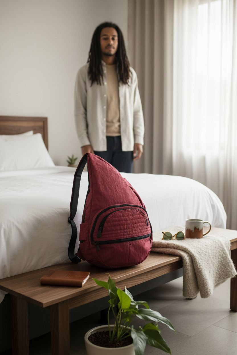 AmeriBag garnet sling resting on a wooden bench, exuding a relaxed travel vibe with essentials nearby.