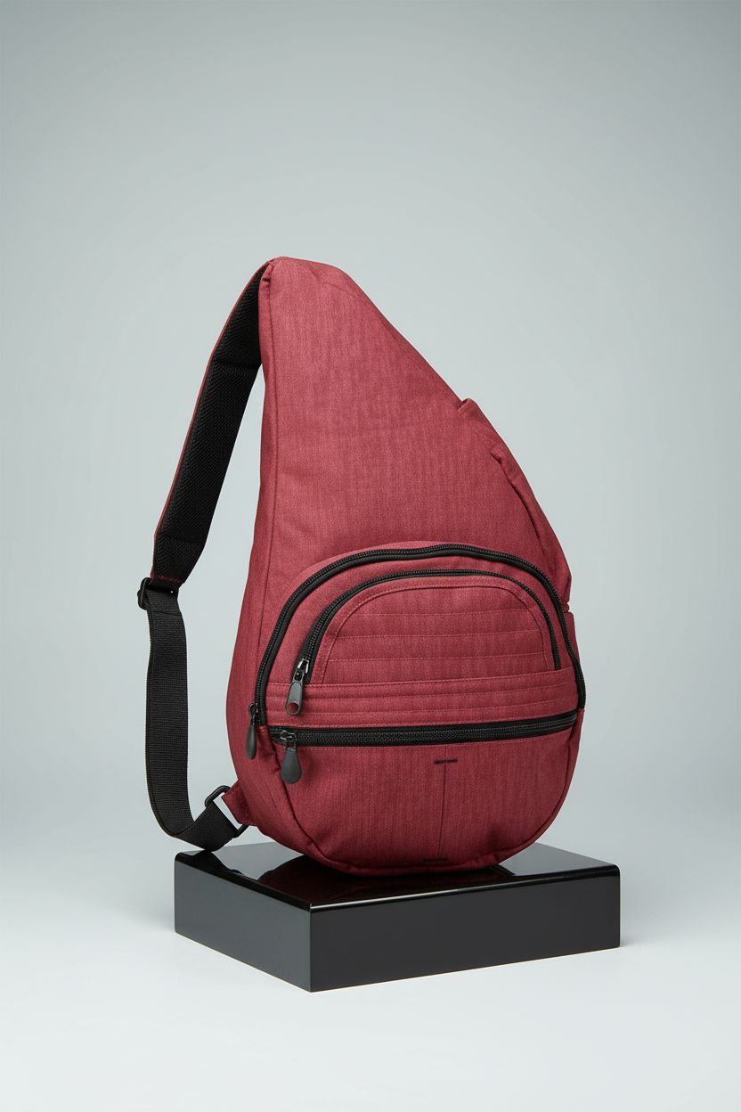 Close-up of AmeriBag garnet crossbody sling, showcasing its premium nylon material and sleek design.