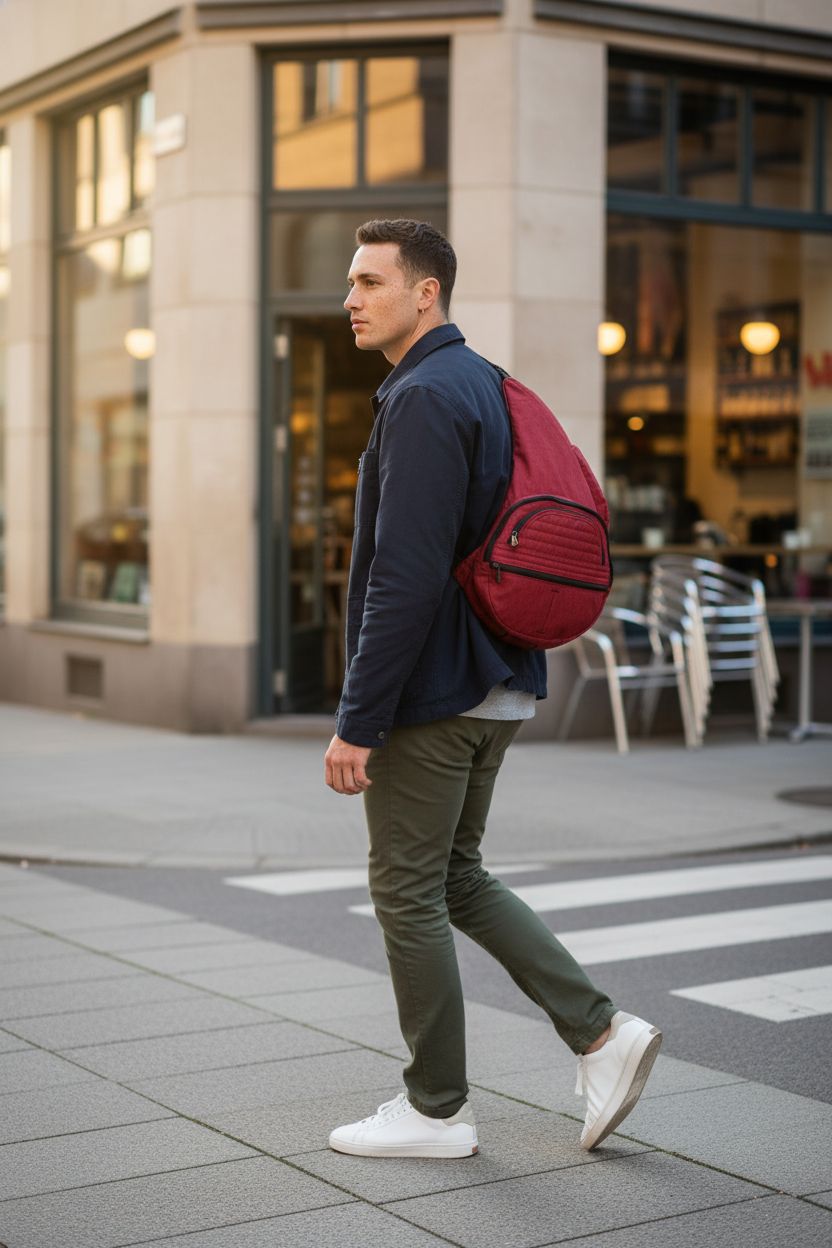 AmeriBag garnet crossbody sling bag showcased in urban morning light, perfect for stylish travel.