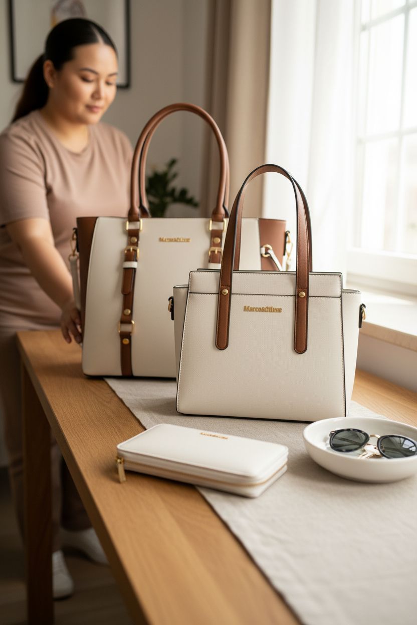 Montana West purse set on a sunlit oak console, highlighting PU leather texture and elegant design.
