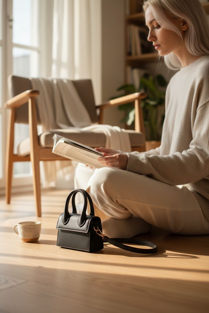 nodeber matte black crossbody bag elegantly placed in a minimalist reading nook