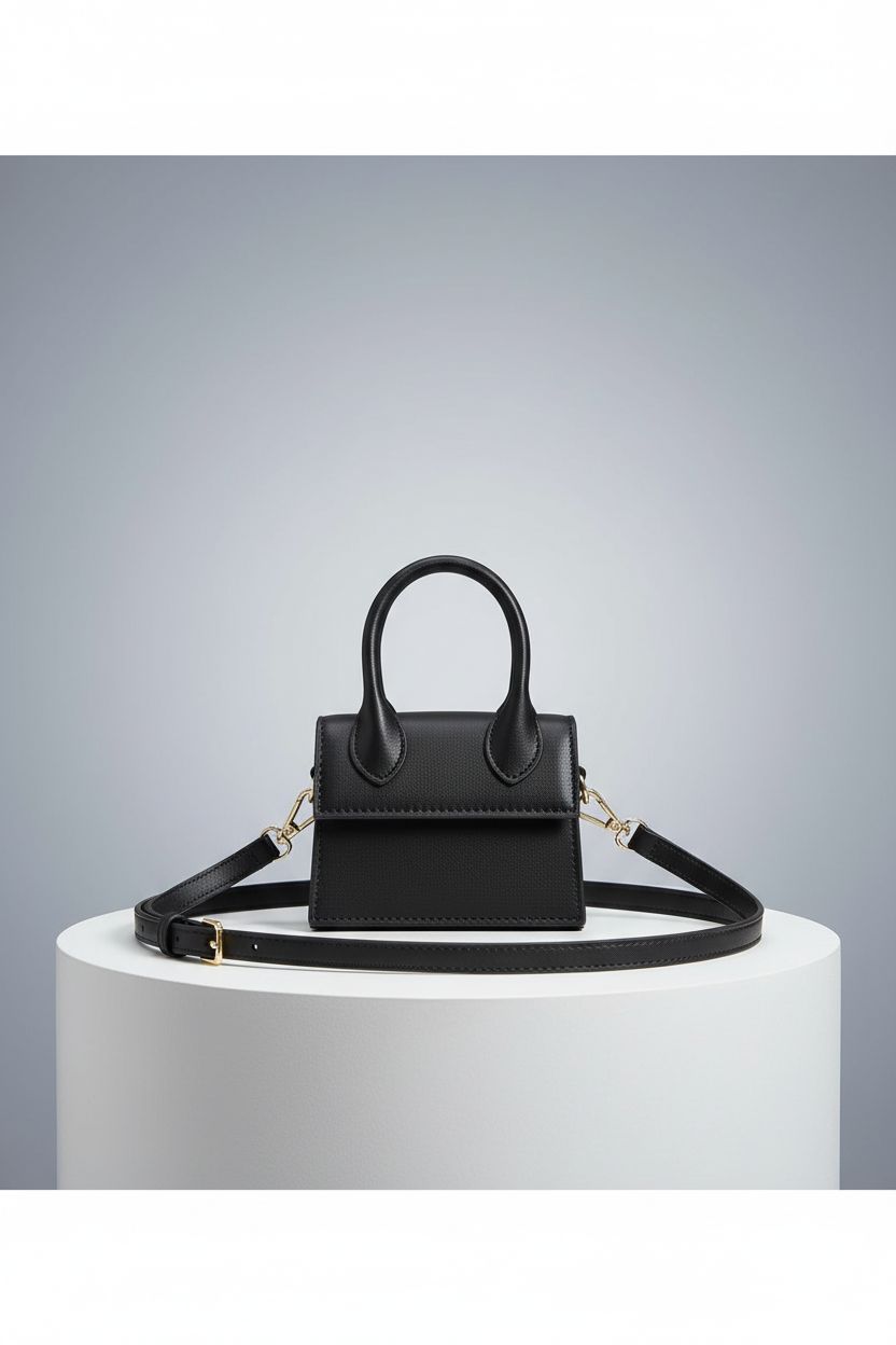 nodeber matte black crossbody bag on gray surface showcasing its smooth finish and design