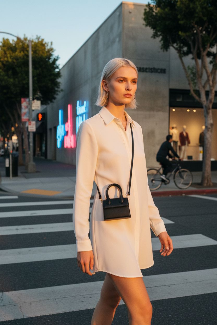 nodeber matte black crossbody bag paired with elegant outfit in vibrant urban setting