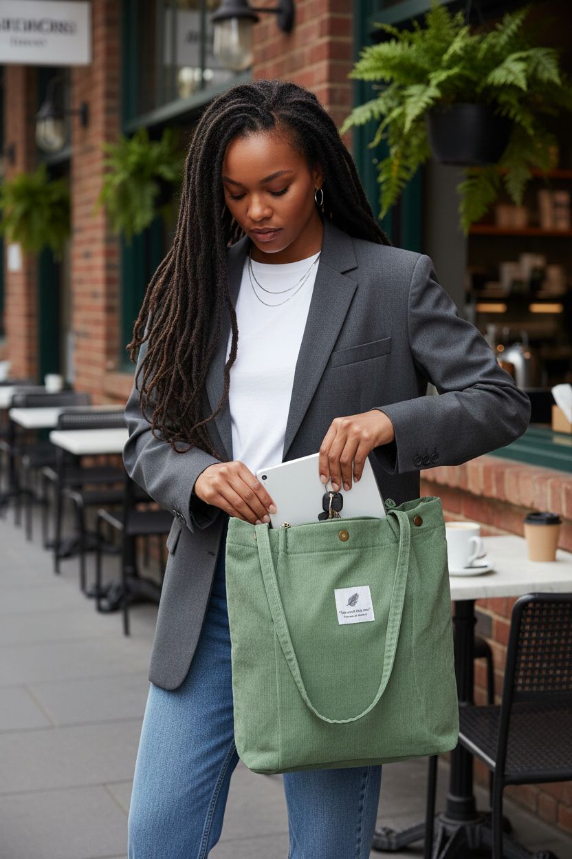 TOPASION matcha green corduroy tote bag with iPad and keys, perfect for café visits.