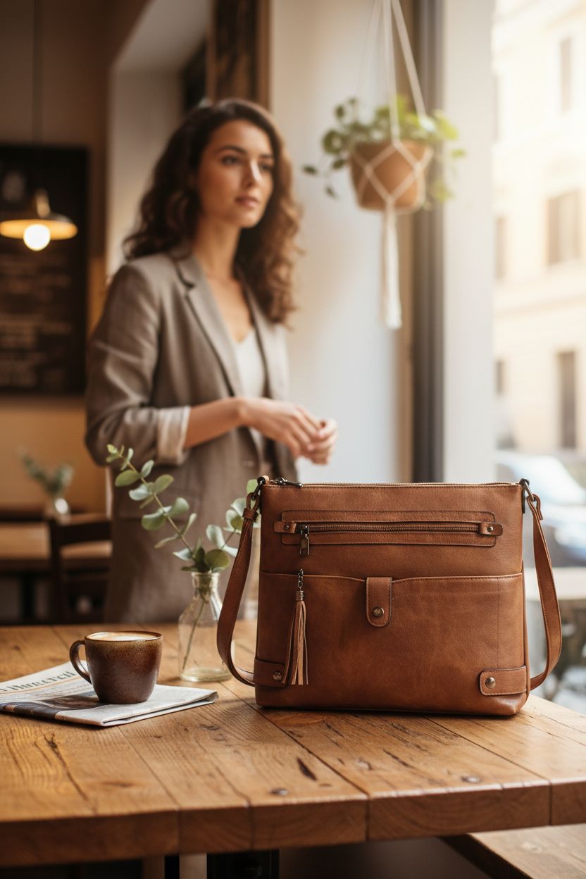 FADEON designer crossbody bag on a cozy café table, showcasing its elegant faux leather finish