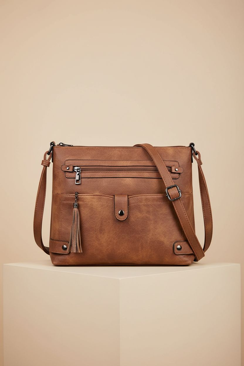 FADEON large crossbody bag in brown faux leather, highlighting its functional pockets and design