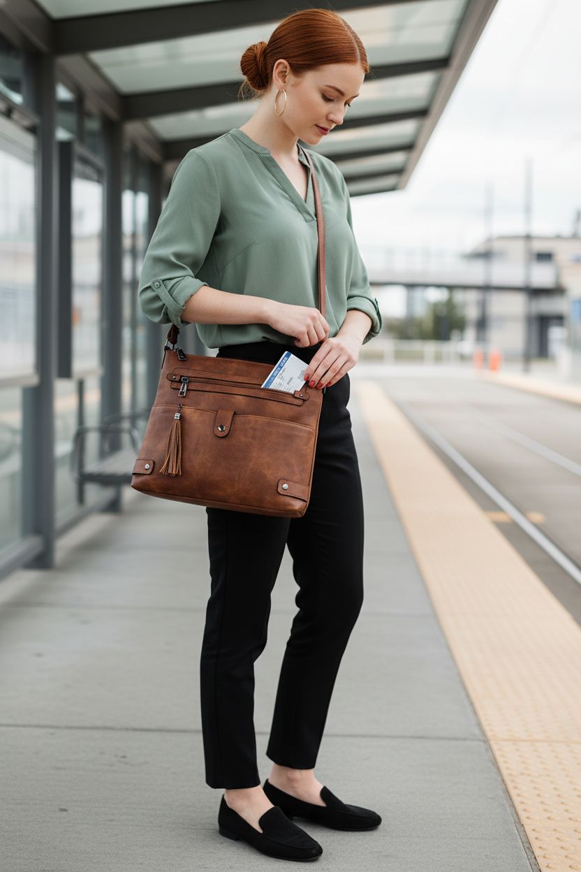 FADEON medium size crossbody bag in brown faux leather, styled with sage-green blouse and black trousers