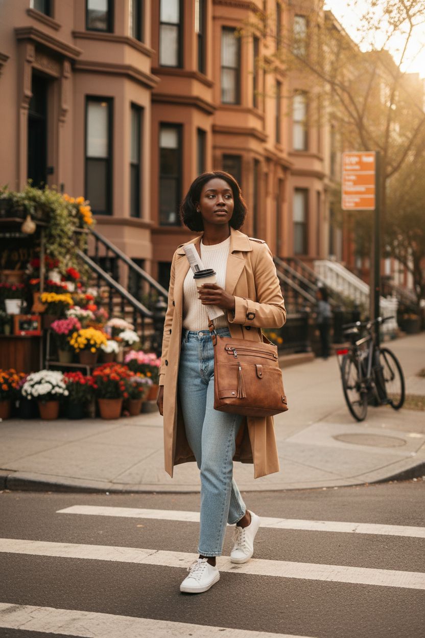 FADEON crossbody bag in brown faux leather, perfect for strolling in a vibrant neighborhood
