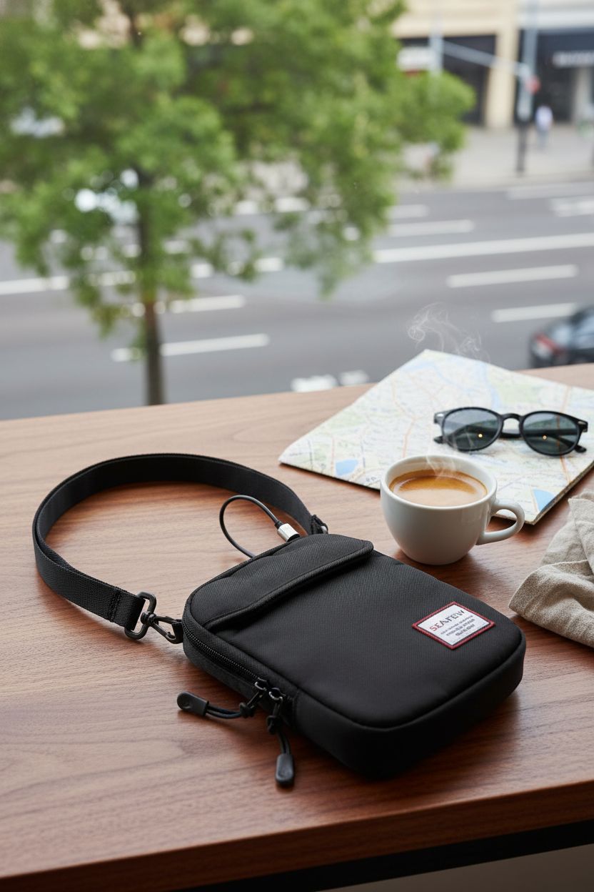 SEAFEW mini crossbody bag on café table with espresso and city map, cozy travel setting