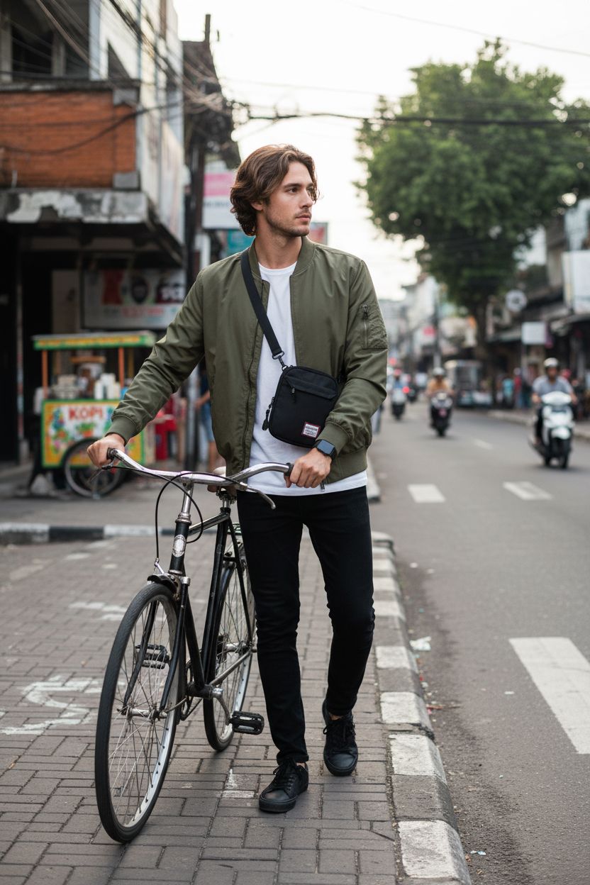 Man walking with black SEAFEW mini crossbody bag on graffiti sidewalk, stylish urban vibe