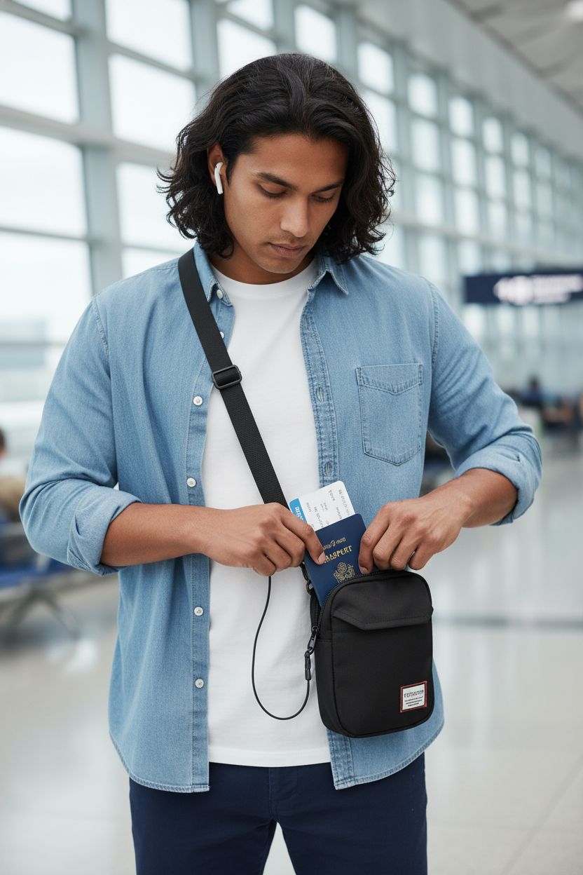 Athletic man unzipping black SEAFEW bag in airport, showcasing travel-friendly design