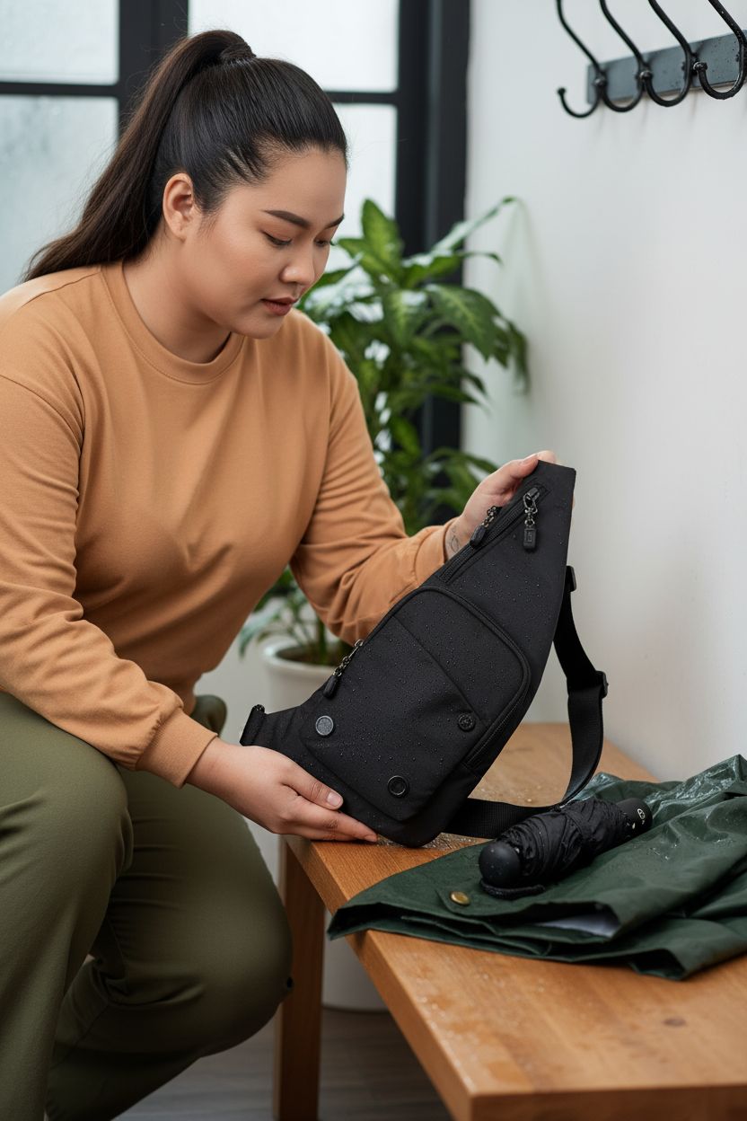 Peicees sling bag placed on oak bench, cozy entryway setting with rain droplets on nylon material.