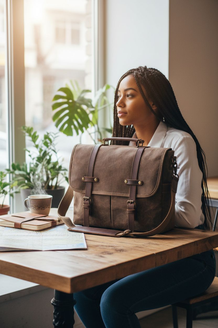 NEWHEY mens leather messenger bag resting beside a coffee cup in a cozy café setting, showcasing its rugged design.