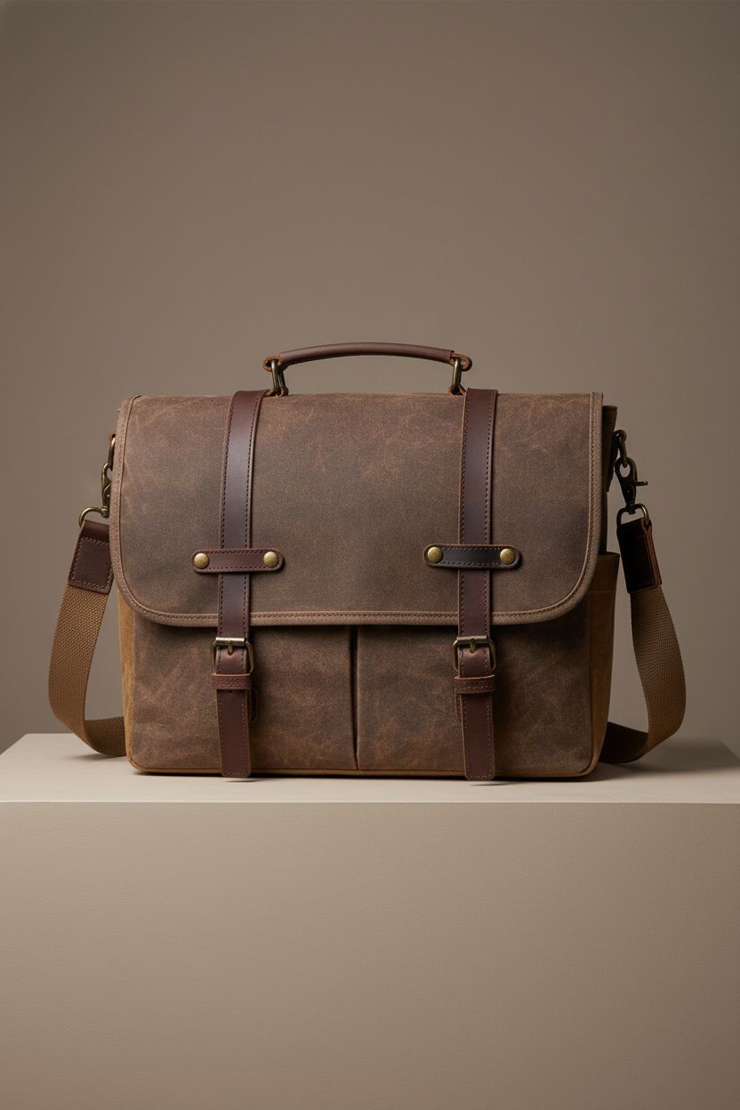 NEWHEY mens leather messenger bag displayed in a studio setting, highlighting its waxed-canvas and leather features.