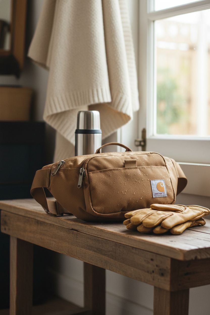 Carhartt Brown sling bag resting on a reclaimed wood bench, surrounded by rustic cabin elements.