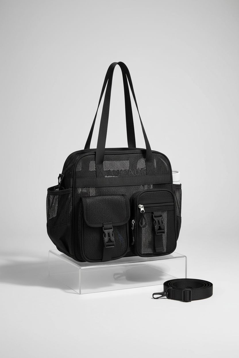 MOONBABY mesh beach tote bag on a gray backdrop, highlighting pockets, straps, and design details.