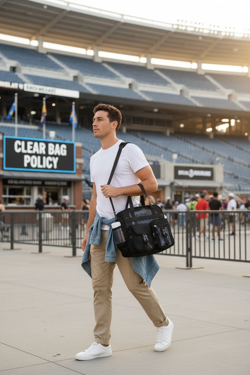 MOONBABY mesh tote bag worn crossbody near stadium, displaying tickets and water bottle.