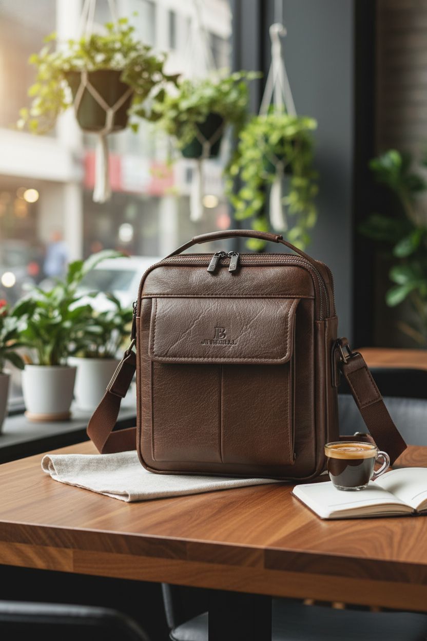Leathario messenger bag on a walnut table in a modern café, exuding style and functionality.