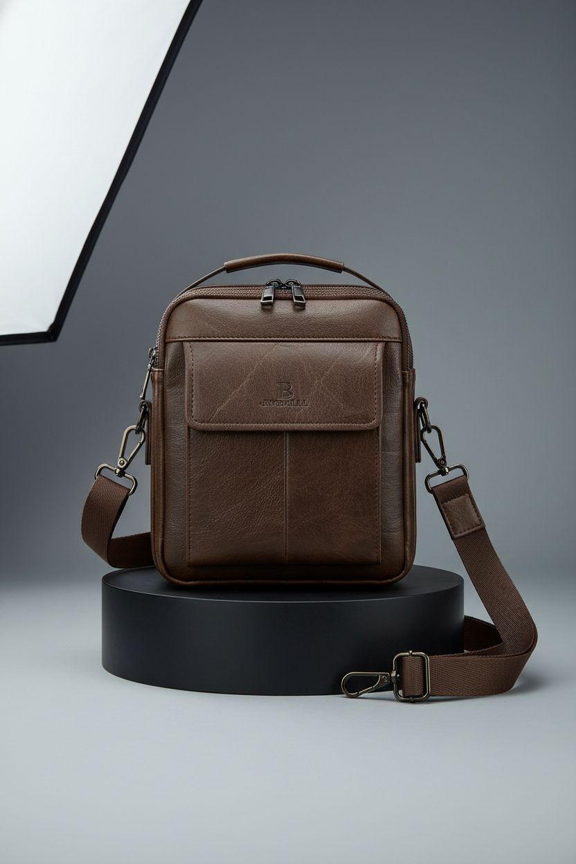 Leathario Men's Crossbody Messenger Bag showcased on a pedestal, highlighting premium vegan leather material.