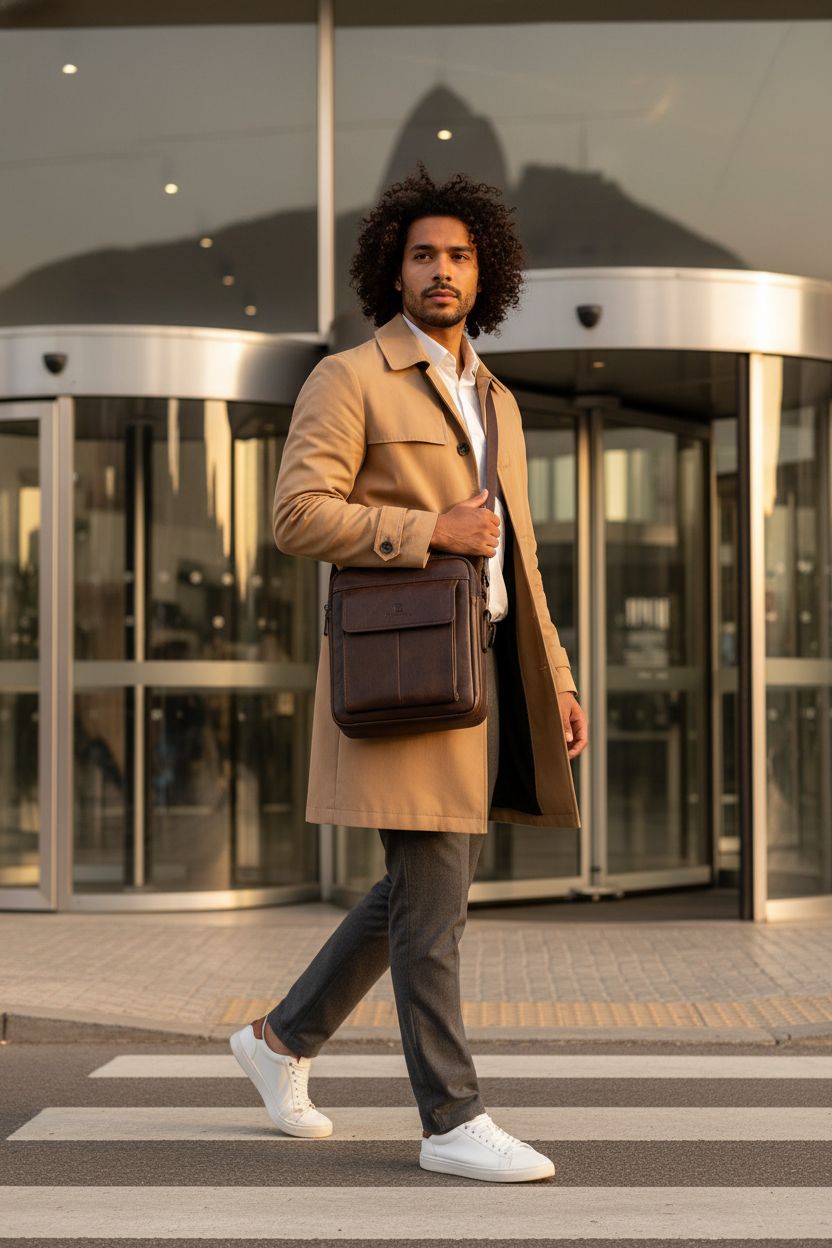 Leathario vegan leather messenger bag in black, worn crossbody over stylish outfit, perfect for work.
