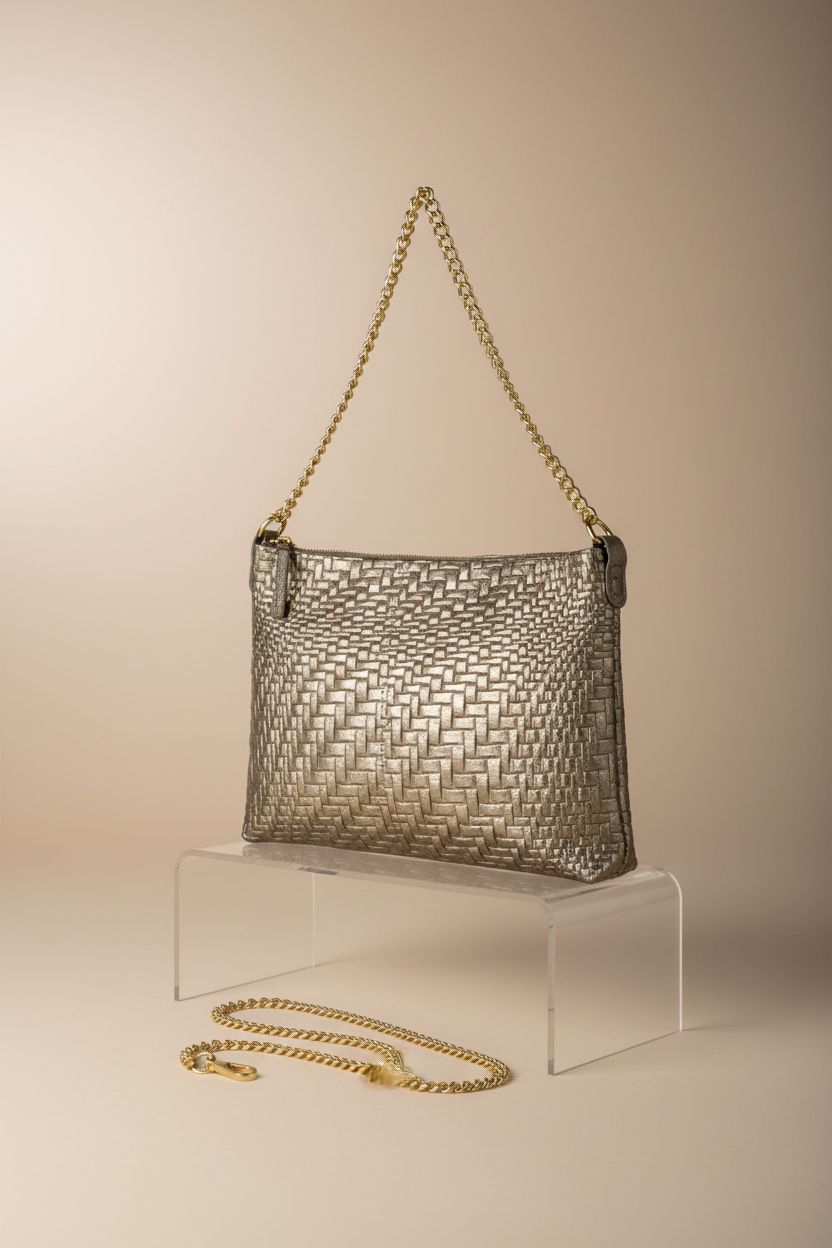 TAKEASY bronze metallic suede crossbody bag displayed on acrylic riser, showcasing its elegant design and versatility.