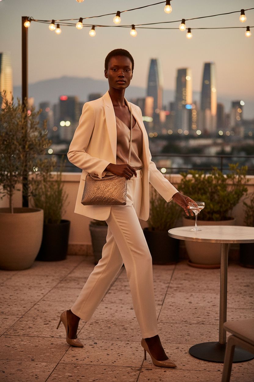 TAKEASY bronze metallic suede crossbody bag amid a rooftop aperitivo scene, perfect blend of elegance and style.