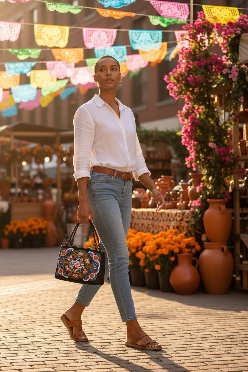 Black canvas tote with colorful embroidery, perfect for shopping, by Jursccu.