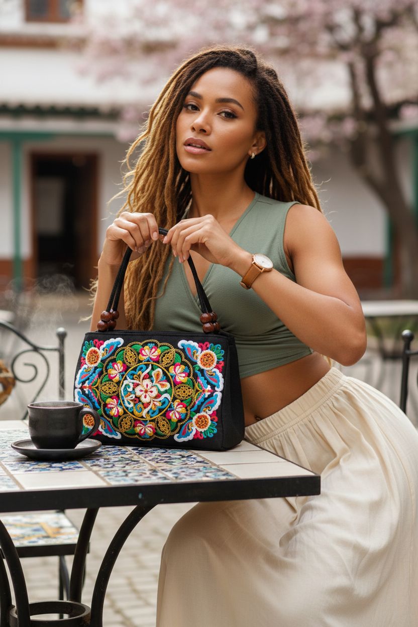 Double-sided embroidered handbag showcasing rich texture, by Jursccu.