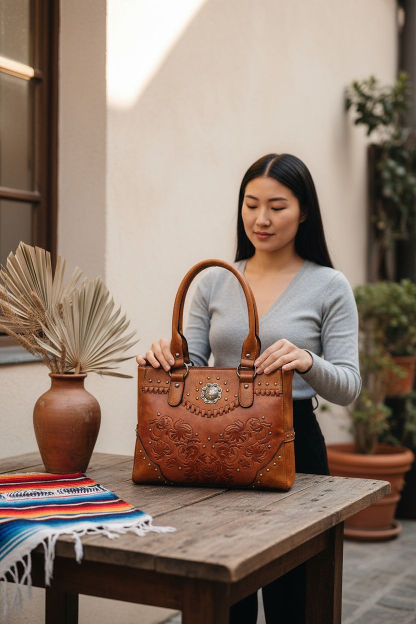 LAVAWA leather tote bag resting on a rustic table, highlighting its elegant design
