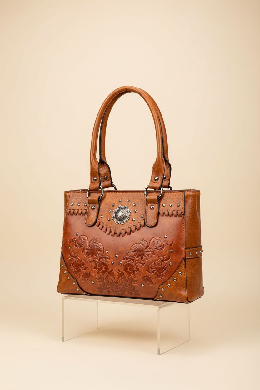 LAVAWA vintage leather tote bag, showcasing embossed details and polished hardware