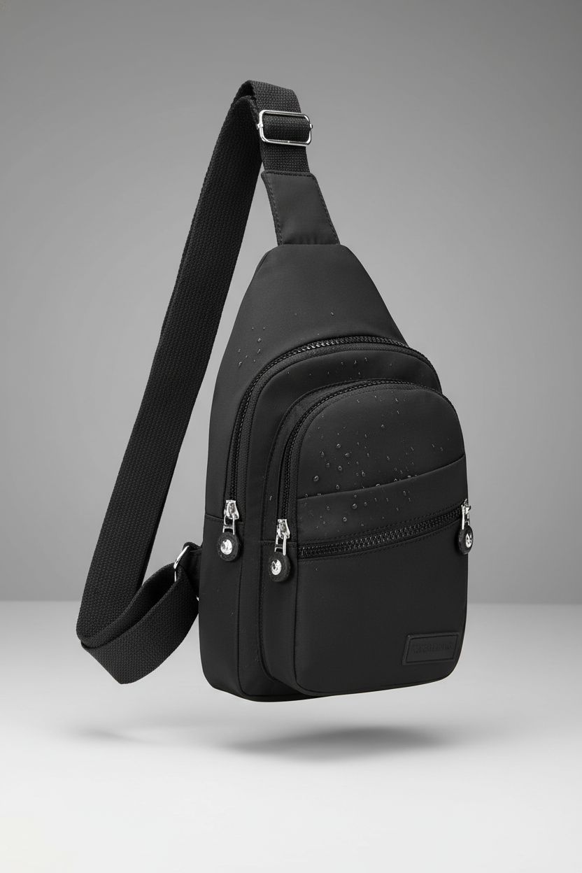 Banelu small black sling backpack on a studio backdrop, highlighting its sleek design and features.