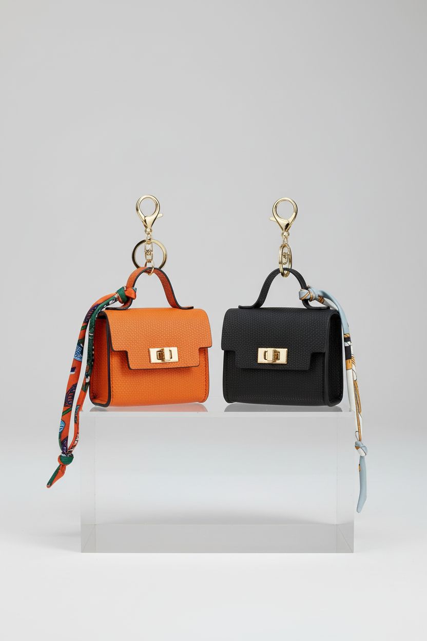 YJUBAOA mini bags in orange and black displayed on an acrylic plinth, showcasing their sleek design and texture.