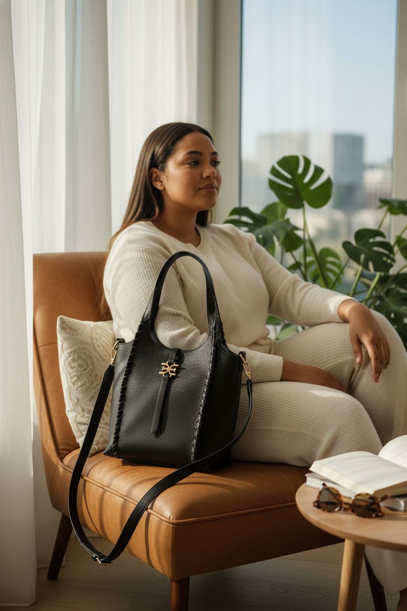 Sam Edelman Sylvia Mini Crossbody bag in black, showcasing its pebbled leather and elegant design in a cozy setting.