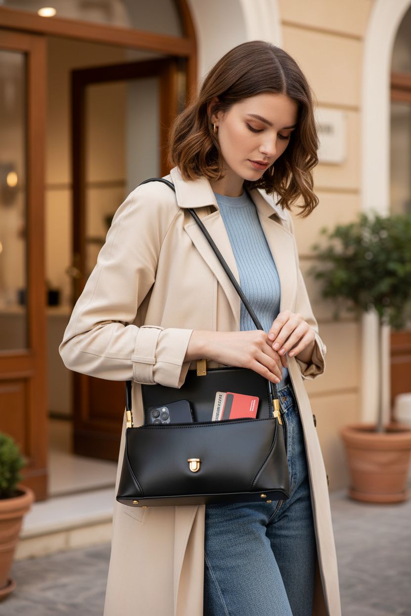 WSRYDJDL mini purse for women in black PU leather with gold hardware, stylishly showcased