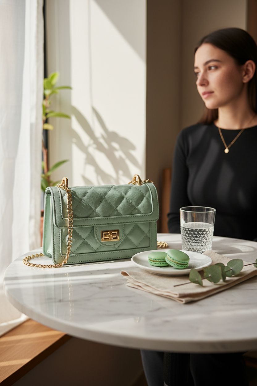 SG SUGU mint green purse resting on a marble table beside a macaron and sparkling water in a café.