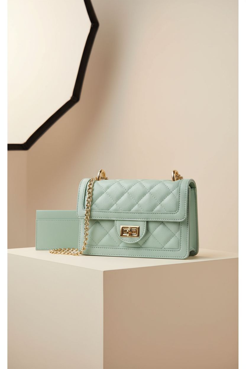 SG SUGU mint green quilted bag displayed on a pedestal highlighting its craftsmanship and gold hardware.